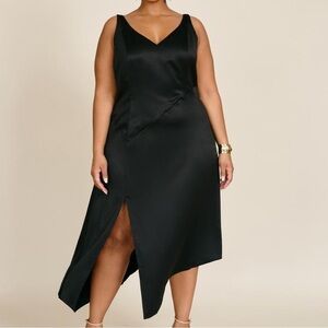 New 11 HONORÉ Nia Black Satin Slip Midi Slit Dress Size 12